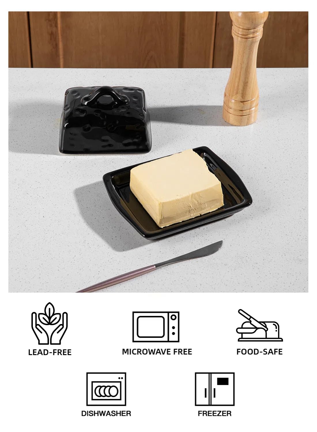 Sweejar Home Ceramic Butter Dish with Lid,Cheese-Shaped Butter Holder,Cute Butter Dish for Countertop,Kitchen Deco & Butter Storage(Black) - Image 2