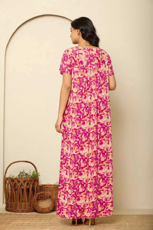 Image of NIHSAMAH Viscose Nighty for Women, Printed Stylish Night Gown, Short Sleeve Comfortable Sleepwear Long Nightwear, Maxi