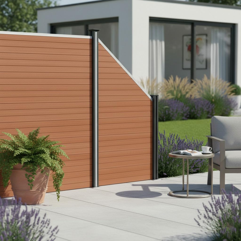 Valla exterior WPC Panel Oblicuo |MARRÓN| Aluminio y compuesto | Panel doble cara | Diseño moderno | Fácil de montar | Ideal jardín o cerramientos | Valla de privacidad