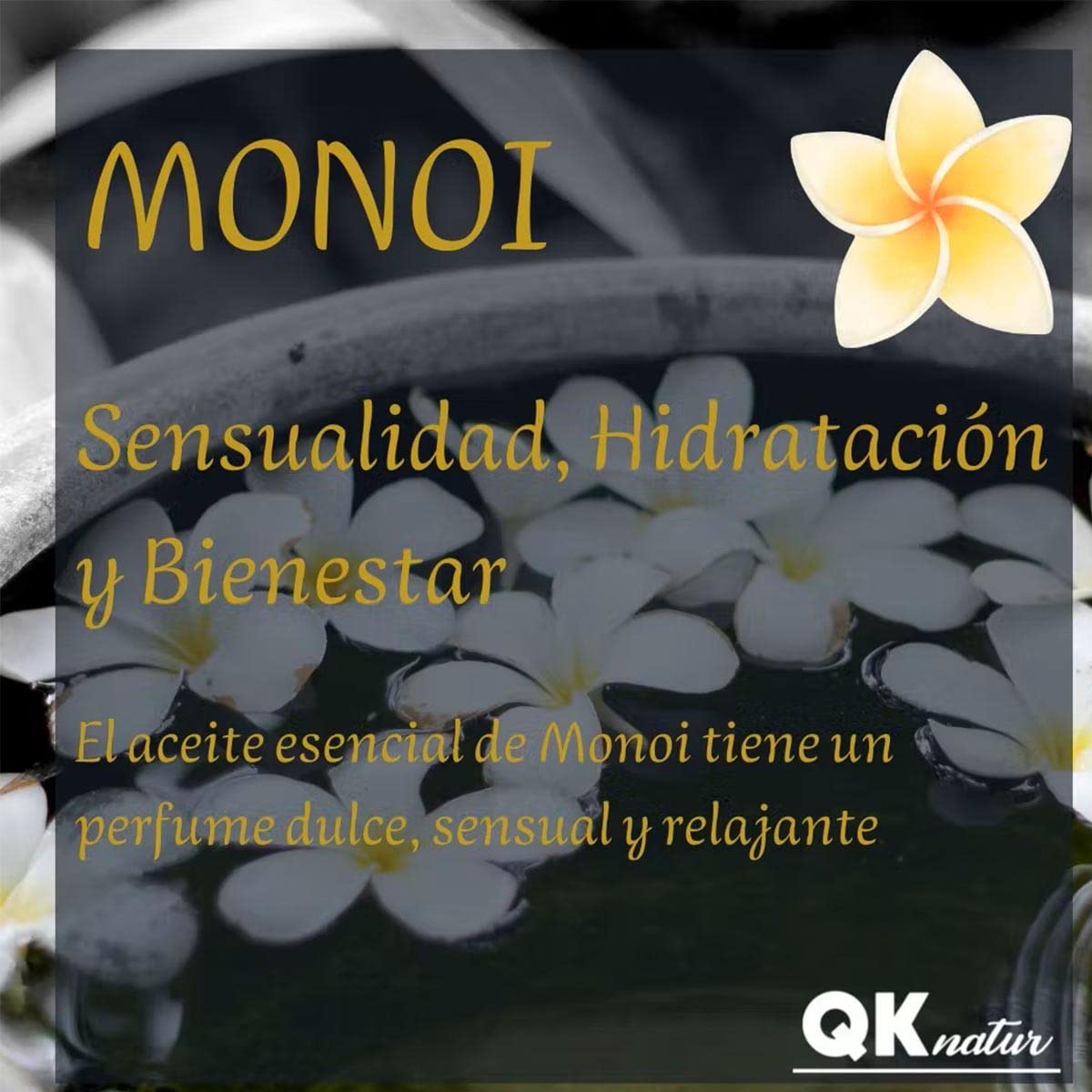 QKnatur - Aceite de Masaje MONOI - 200ml - BIO - Con Ingredientes Naturales. Para Masajes Corporales Relajantes. Delicado Aroma a Monoi