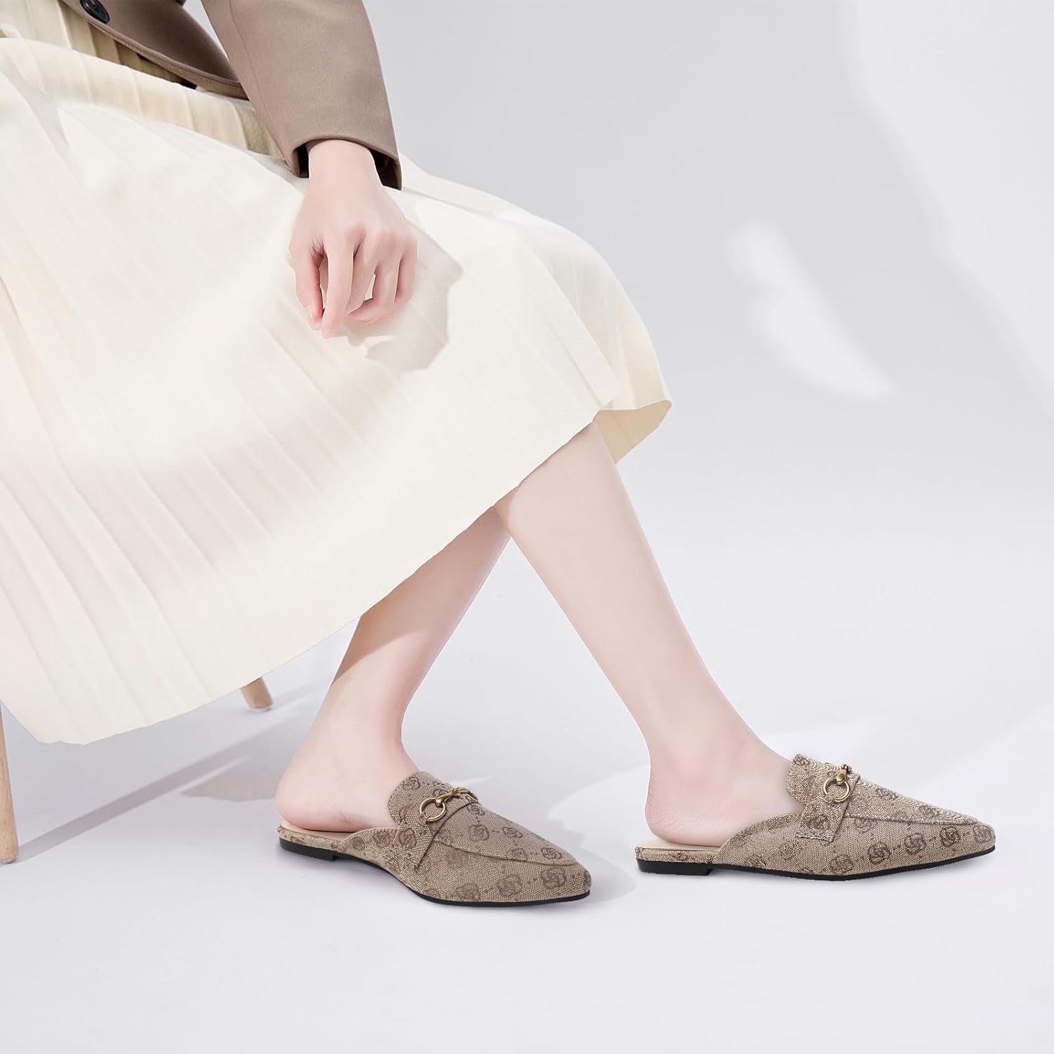 Buckle Mules for Women Pointed Toe Backless Flat Mules Slip on Slides Loafer Shoes - Image 5