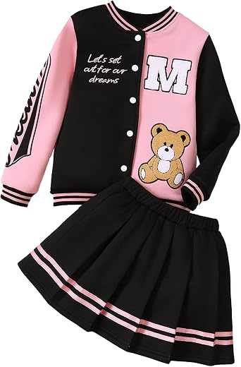 PureChapter Girls 2 Piece Outfit Baseball Jacket and Skirt Set Winter 7-14