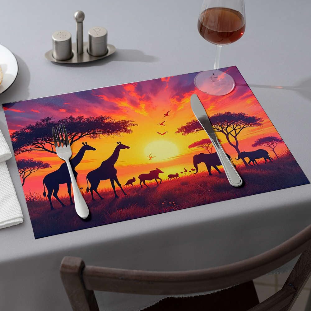 Sets de table de salle à manger motif savane africaine et oiseaux - Napperons bleu x6