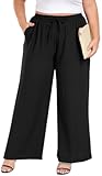 Women&apos;s Plus Size Wide Leg Pants Summer Stretchy Drawstring Waist Comfortable Fit Casual Trousers Pants with Pockets