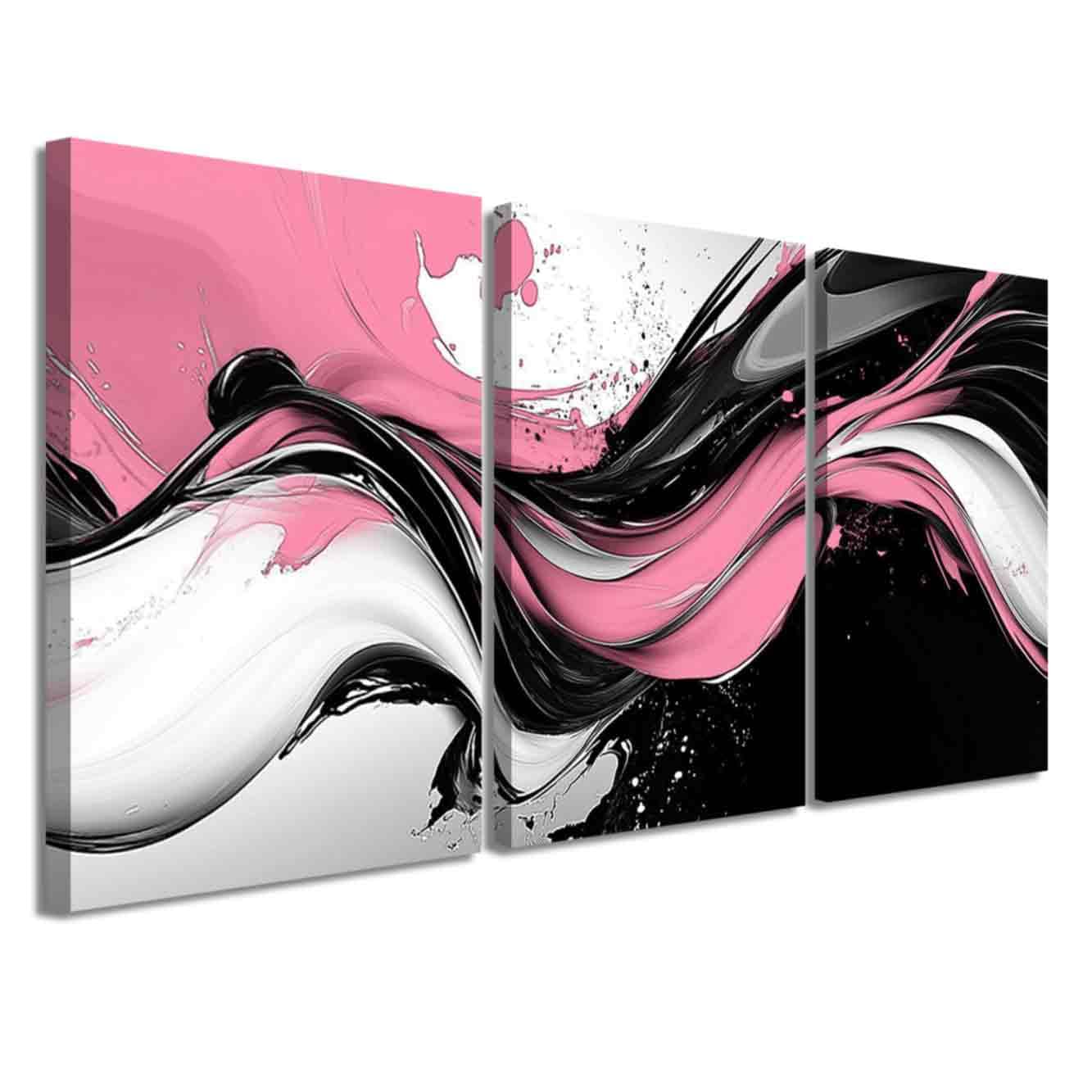 LZIMU 3 Pieces Abstract Wall Art Black White Picture Prints Graffiti Splash Ink Canvas Painting Modern Neutral Aesthetic Artwork Office Living Room Bathroom Decor (Pink, (16x24inchx3 Pieces))