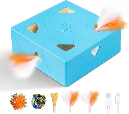 Vista 7 de Migipaws MigiBox Juguete para Gatos con PopSkin, Juguete Interactivo para Gatitos de Interior, Plumas Automáticas que Salen de 12 Agujeros al Azar
