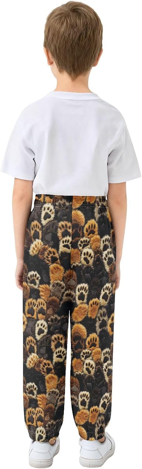 Boy Sweatpants Animal Paw Print Joggers Casual Athletic Pants Kids Elastic Waist Cuffed with Pockets
