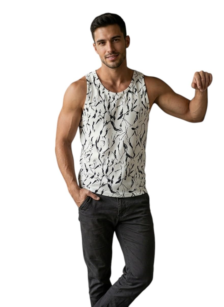 Men's Abstract Print Tank Top, Polyester Sleeveless Vest, Black and White, Regular Fit, Lightweight Casual Summer Wear-image-42