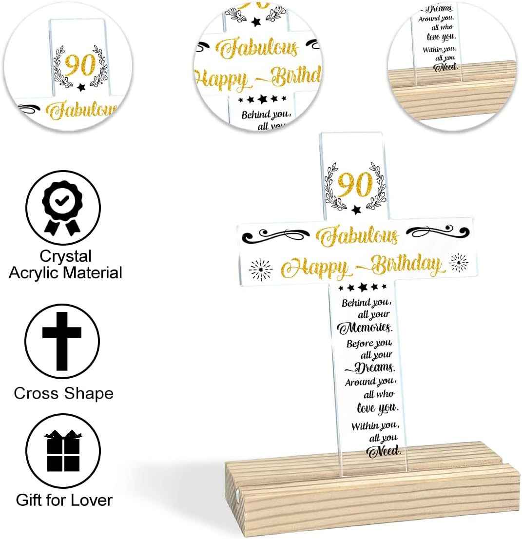 90th Birthday Religious Gifts for Women Men - Cross Decor Sign With Wooden Stand For 90 and Fabulous Birthday Blessing - 90th Birthday Presents Ideas for Friends, Grandma, Mom Turning 90 Years Old - Image 2