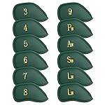 CRAFTSMAN GOLF 12pcs Thick Synthetic Leather Green Golf Iron Head Covers Set Headcover Fit All Brands Callaway Ping Taylormade Cobra Etc. (12pcs Green with Gold No.for Right)