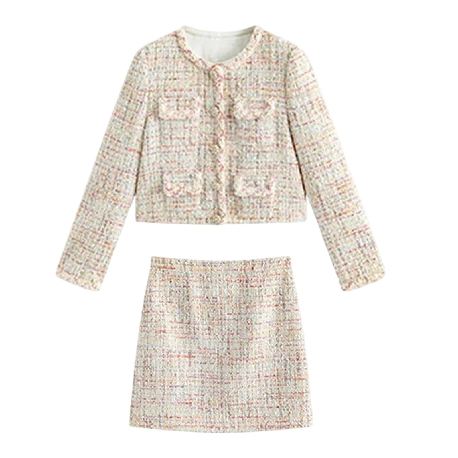Mnjyihy Womens Apricot Tweed Two-Piece Skirt Set - Business Skirt And Blazer Jacket Elegant Spring Fall Outfit