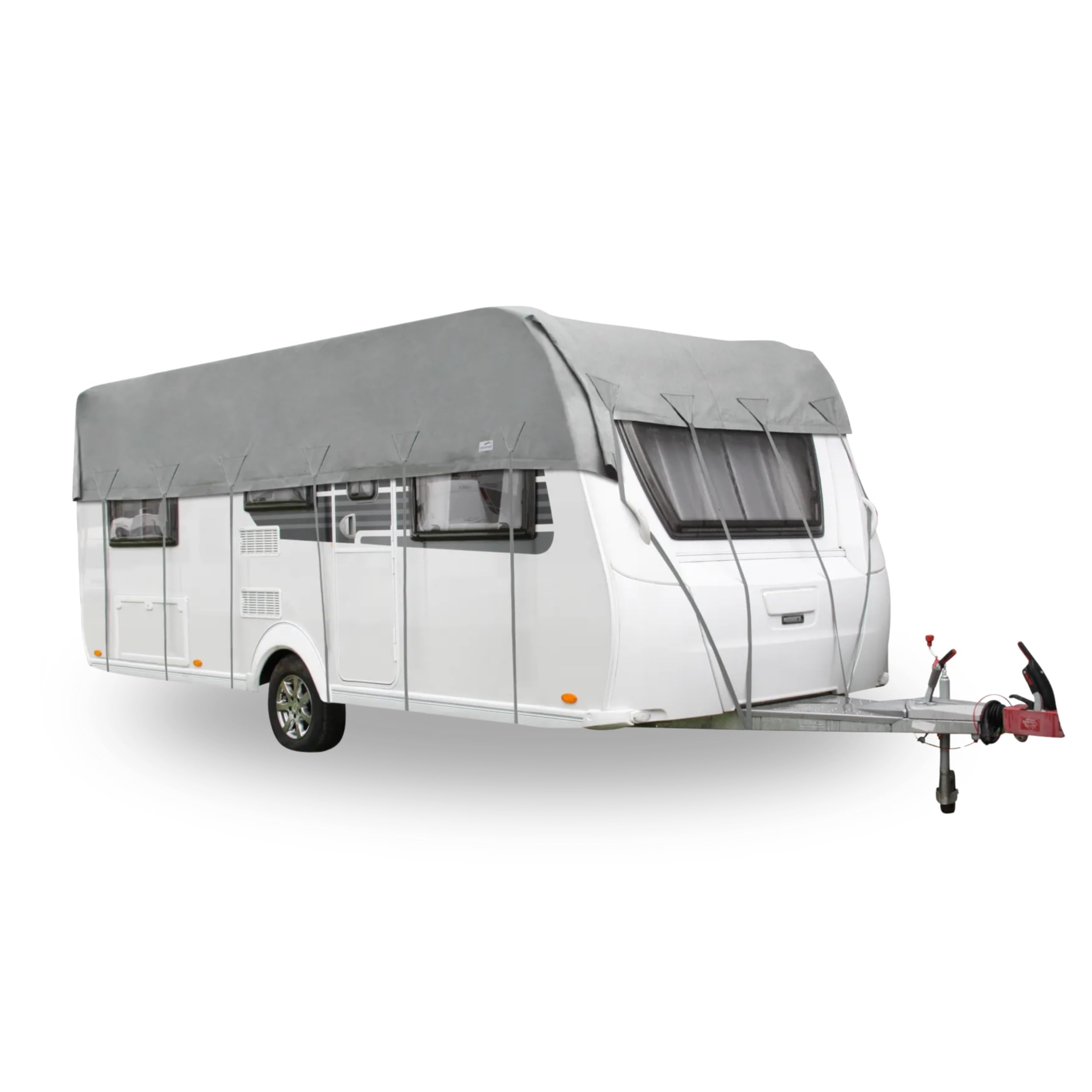 BERGER Dachschutzplane Wohnwagen Schutzhülle | Wetterfeste Wohnwagenabbdeckung in 9 Größen: 450–850 x 390 cm | Atmungsaktive Wohnwagenplane mit Tragebeutel & Spanngurten (600 x 390 cm)