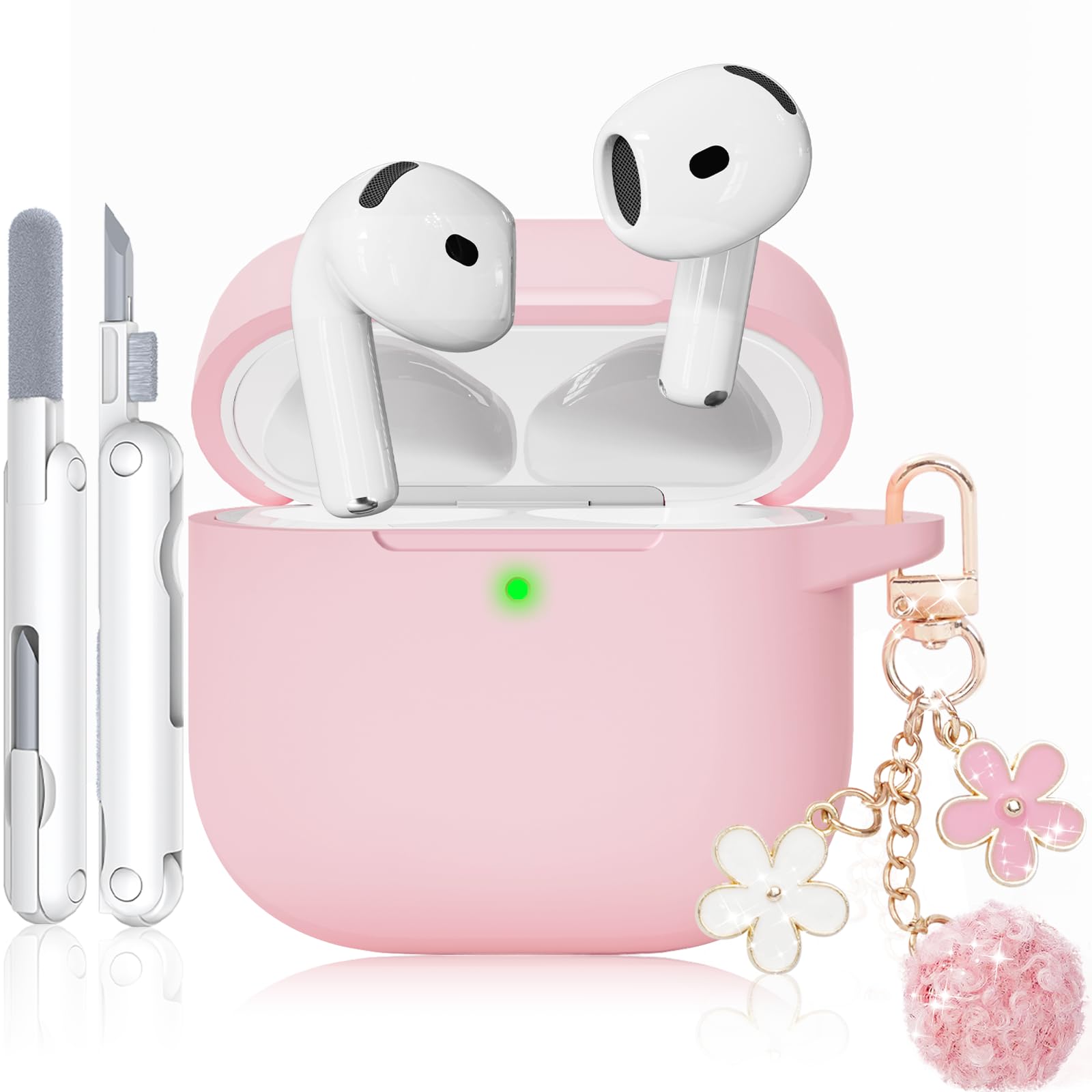 for AirPods 4 Case, Soft Silicone Airpod 4 Case Cover with Cute Keychain & Cleaning Kit for Apple Airpods 4th Gen 2024, Pink Case Cover for Women