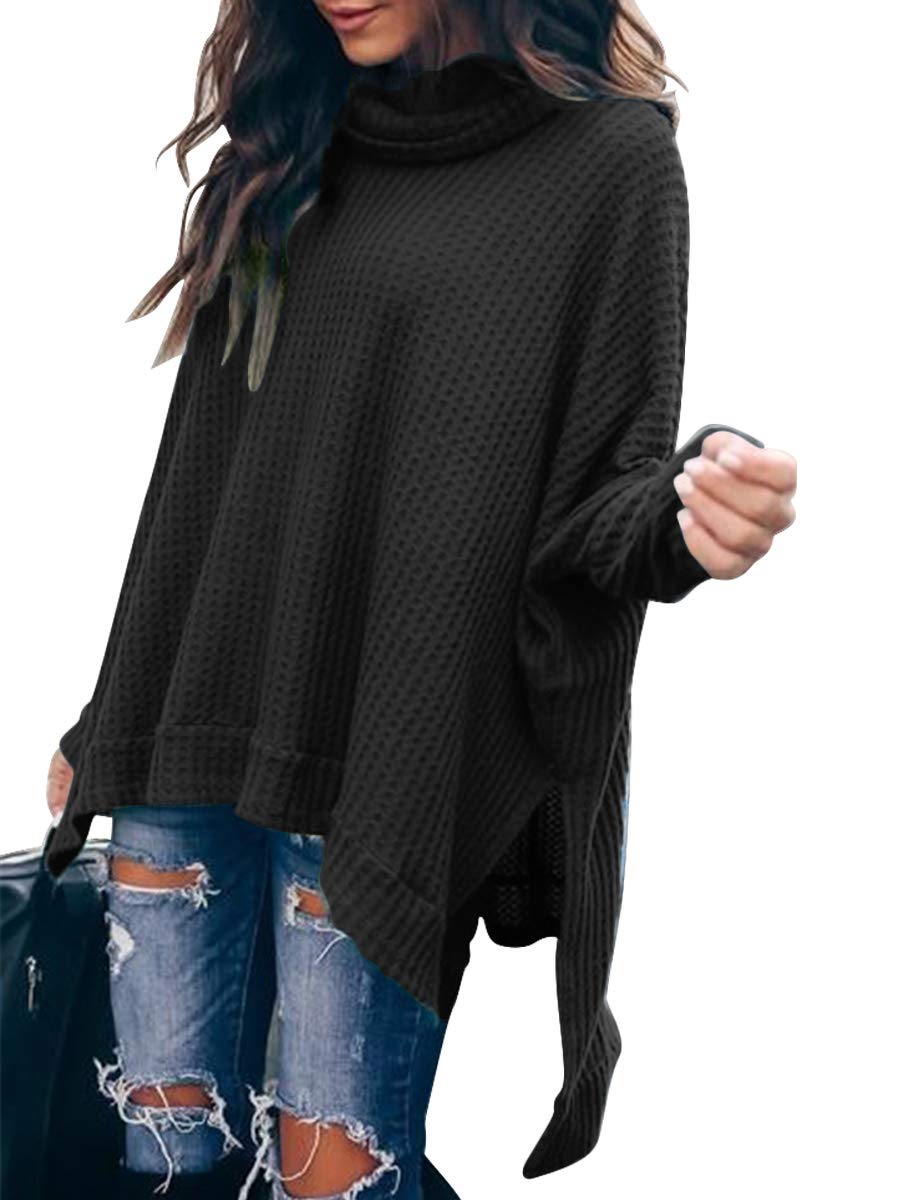 ANRABESSWomen's Sweater 2023 Fall Oversized Turtleneck Long Batwing Sleeve Waffle Knit Split Hem Tunic Pullover Tops