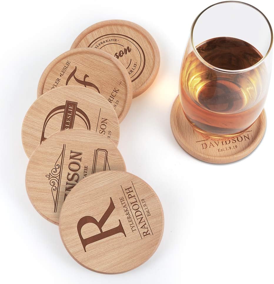 E-Globuy Personalised Drink Coasters Name Engraved Natural Wooden Coasters for Drinks Beverage Tabletop Protection for Home Office Table Mat, Birthday, Round Thickening