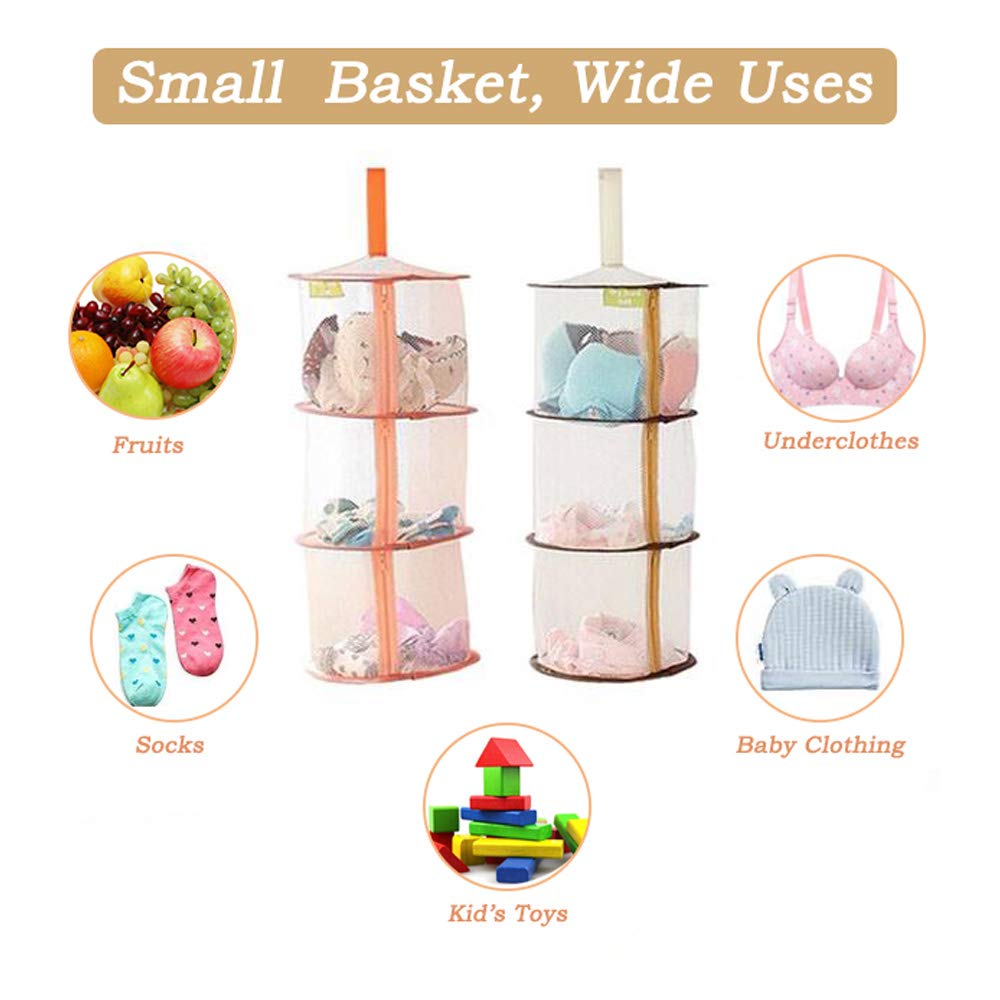 AUHOKY 4Pcs Zipper Hanging Mesh Organizer Basket with 4 ‘S’ Hooks, Foldable Kid’s Toy Storage Space Saver Bag, 3 Tiers Compartments Drying Net for Bra Socks Underwear — Anti-Awkward (2 Colors)