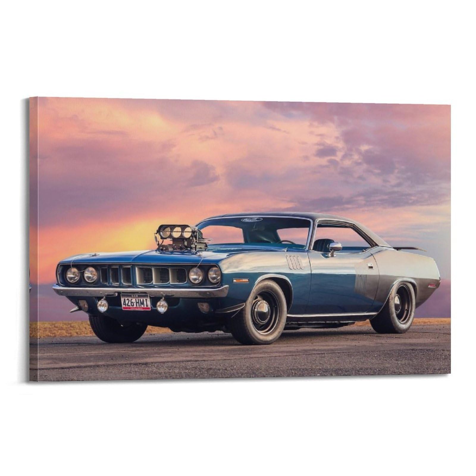 XHHOKA Vintage Muscle Car Poster Plymouth Barracuda 1970s California Sunset Blue Custom Design Decorative Canvas Wall & Art Poster Painting 24x36inch(60x90cm)