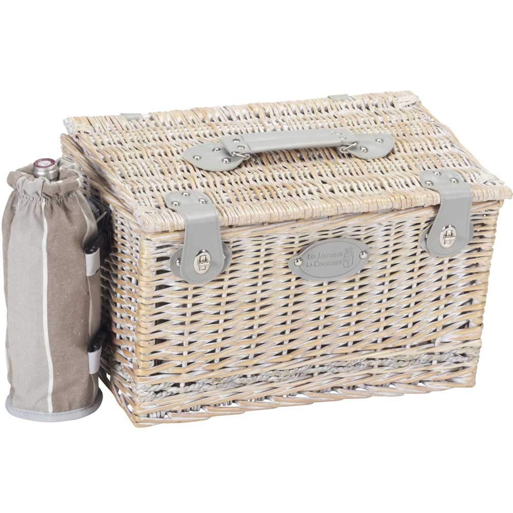 Les Jardins de la Comtesse - Cesta/Canasta de Picnic de Mimbre Polo Club Beige y Gris para 4 Personas Completa con Compartimiento Isotermo - 44 x 30 x 26 cm