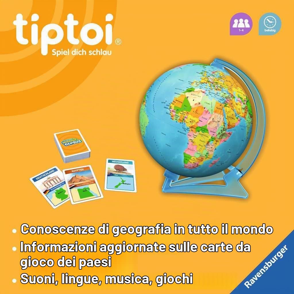 Ravensburger tiptoi game 00107 - Il globo interattivo della conoscenza - globo didattico per bambini dai 7 anni in su, giocattoli per maschi e femmine, per 1-4 giocatori