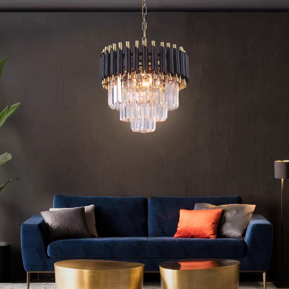 FRIXCHUR Moderne Kristall Kronleuchter 3-Tier Kristall Kronleuchter Licht 15,7 '' Schwarz und Gold Pendelleuchten für Wohnzimmer Küche Insel Foyer E14x5 Glühbirne (nicht enthalten Glühbirne)…