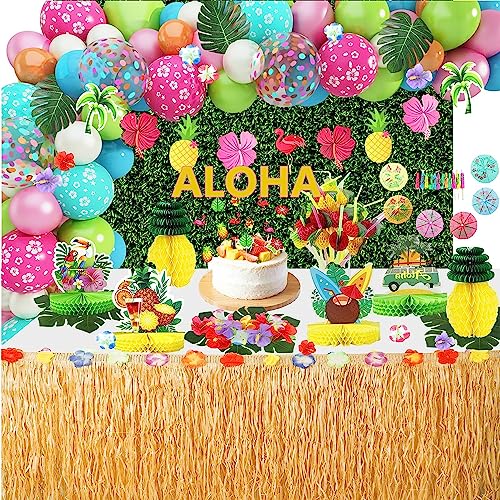 Hawaiian Luau Party Decorations, 126Pcs Tropical Aloha Summer Beach Birthday Supplies Balloon Garland Grass Table Skirt Honeycomb Centerpiece Flamingo Pineapple Hibiscus Palm Banner Straws Cake Topper #TOP25