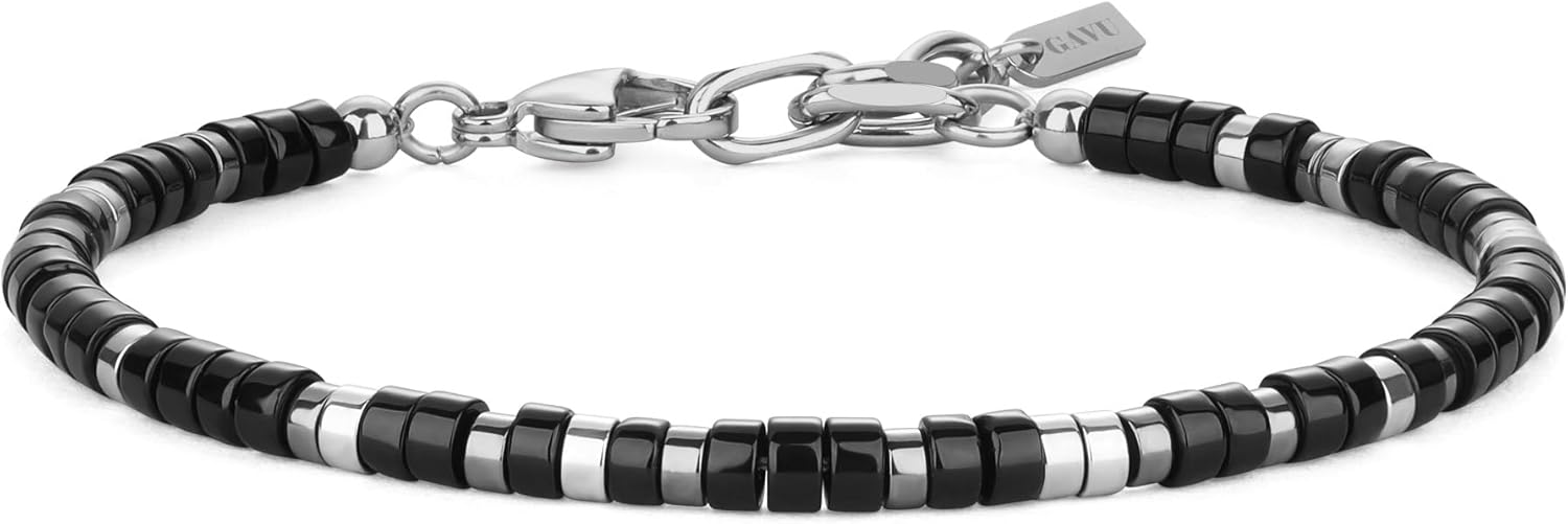 GAVU Black Stone Hematite Heishi Crystal Bracelet, Beaded Necklace for Men, Jewelry Set for Men