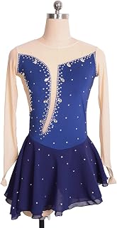 GAPAZ Figure Skating Dresses, Professional Competition Shiny Rhinestone Long Sleeve Gymnastics Leotard Dance Costume Set Round Neck Mesh Skating Ballet Dance Performance Costume,3XS, blue