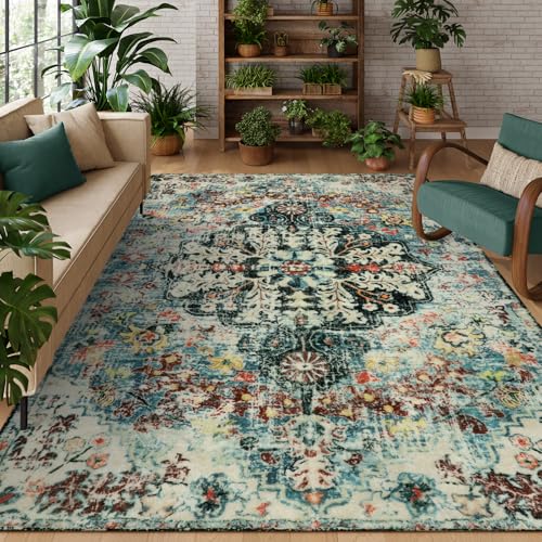 Lahome Reine Area Rugs 9x12 Living Room Boho Washable Rugs,Large Boho Rugs for Bedroom Dining Room,Floral Soft Non Slip Low Pile Throw Indoor Floor Carpet for Nursery Kids Playroom(9x12ft,Te