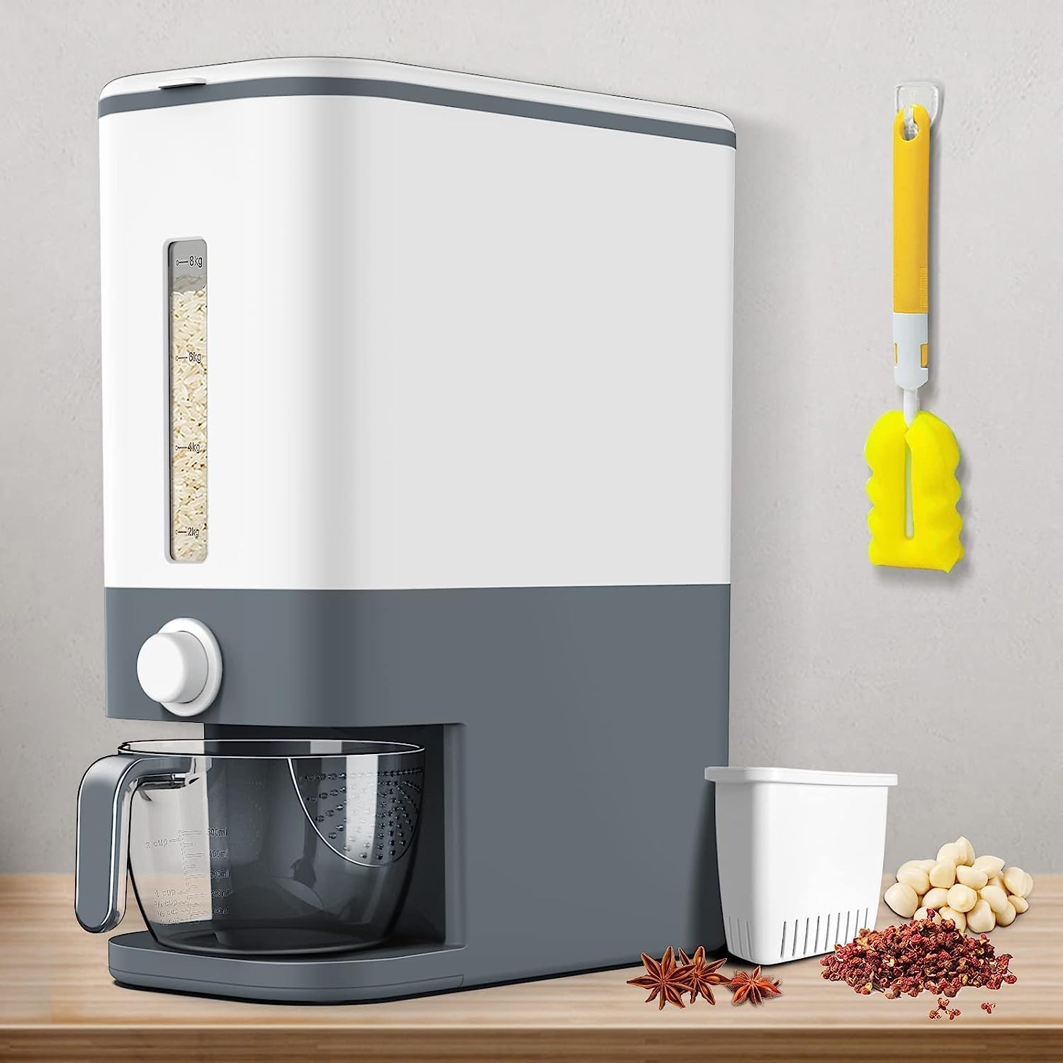25Lbs Rice Dispenser Large Grain Container Storage with Lid Measuring Cylinder Moisture Proof Household Cereal Dispenser Bucket for Kitchen Soybean Corn Oatmeal & Dry food (Gray)