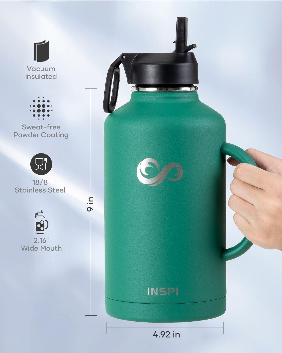 INSPI 64oz Water Bottle with Straw & 2 Lids, Double Wall Vacuum Stainless Steel Metal Large Jug with Handle, Wide Mouth Flask Mug with Carry Pouch for Travel, Keep Cold Hot, 100% Leak Proof, Green