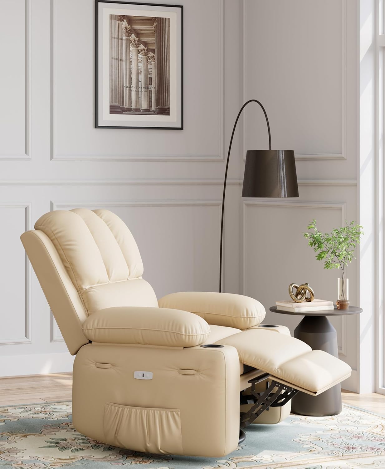 27'' Oversized Manual Recliner Chair for Adults, PU Leather Recliner with Cup Holders and Side Pockets, Ergonomic Design for Nursery, Living Room, Bedroom, and Home Theater Creamy