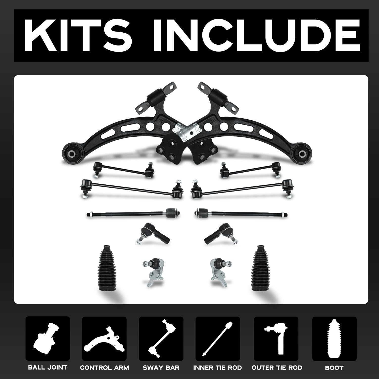 POWERGEAR 14Pcs Suspension Kit Lower Control Arm W/Ball Joint Front Rear Sway Bar Links Tie Rod Boot Bellow Fit For 1997-2001 Toyota Camry Lexus ES300 1997 Avalon