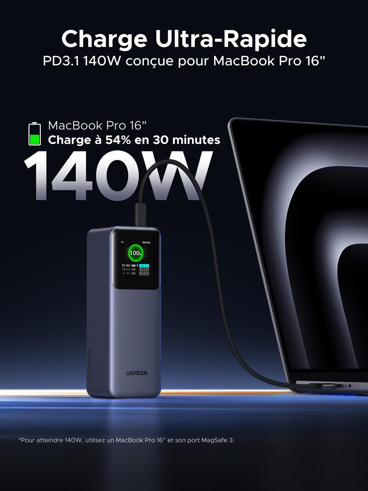 UGREEN Nexode Pro 200W Batterie Externe 25000mAh Power Bank Charge Rapide USB C PD3.1 140W 3 Ports Chargeur Portable PC Écran TFT Compatible avec iPhone 17 16 15 14 Galaxy S25 S24 A56 A16 MacBook iPad