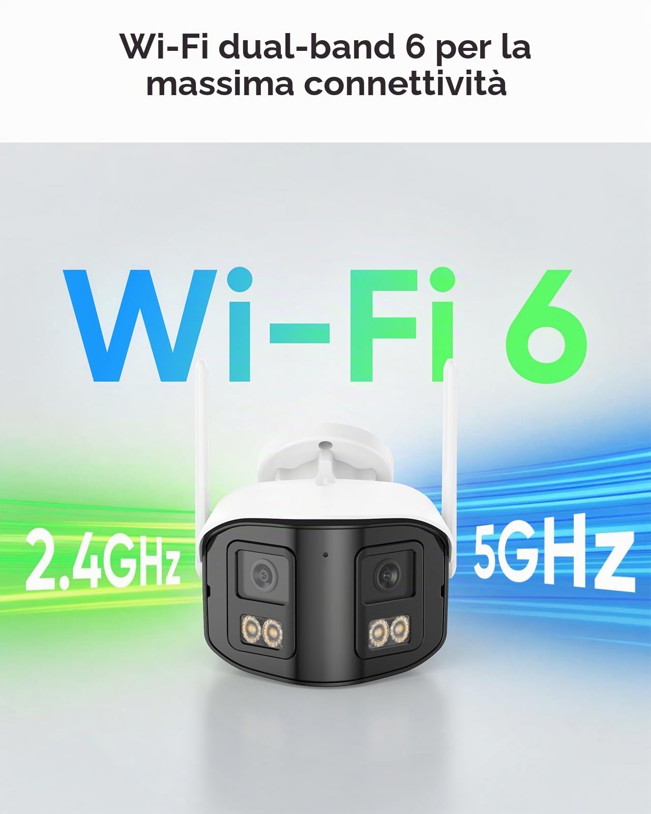 SANNCE 4MP Telecamera Wi-Fi Esterno & Interno Doppia Lente con 64GB microSD | Videocamera Sorveglianz WiFi 6 con 170 ° Grandangolare, Visione Notturna Colori, Audio a 2 Vie, Rilevamento Umana, Zoom 10X