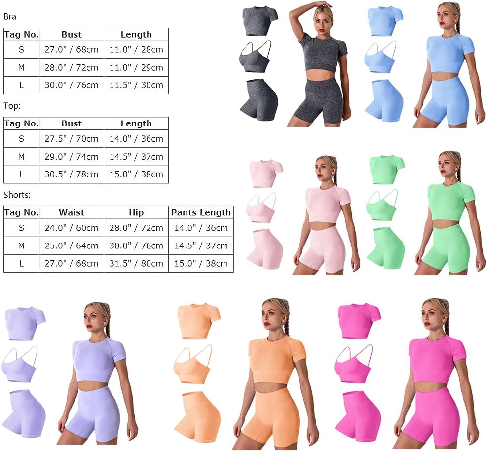 Workout Outfits for Women 3 Piece Set Seamless Yoga Tracksuit Short Sleeve Crop Top Sports High Waist Leggings