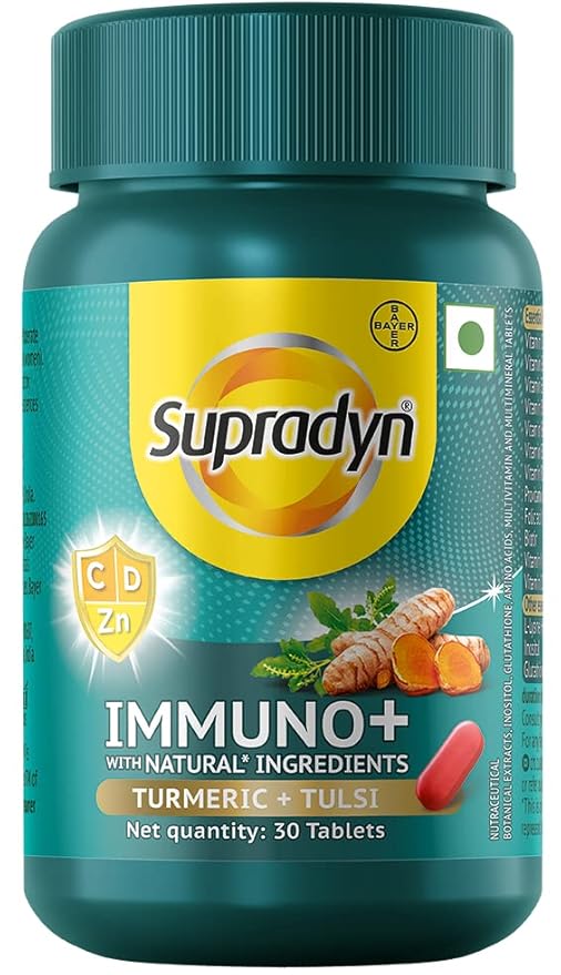 Supradyn Immuno +, Multivitamin, Natural immunity booster with Vit C, Vit D, Zinc, Unique blend of Tulsi, Turmeric, Shatavari & Ashoka, Pack of 30 Tablets