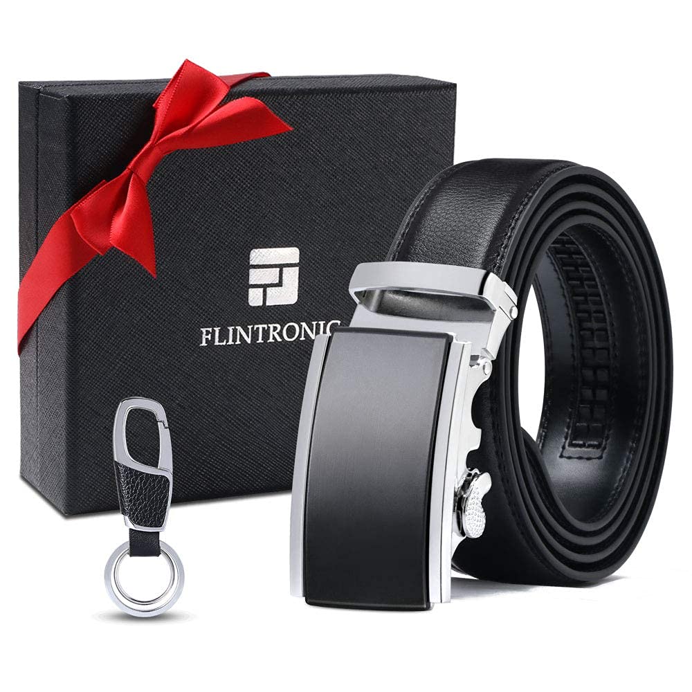 flintronic ® Męski skórzany pasek z automatyczną klamrą, moda pasek z grzechotką 3.5 cm * 130 cm, z brelokiem i pudełkiem na prezent