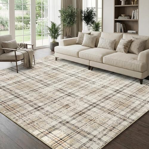 Garvee Tapete Tartan 8x10 Beige Lavable Antideslizante