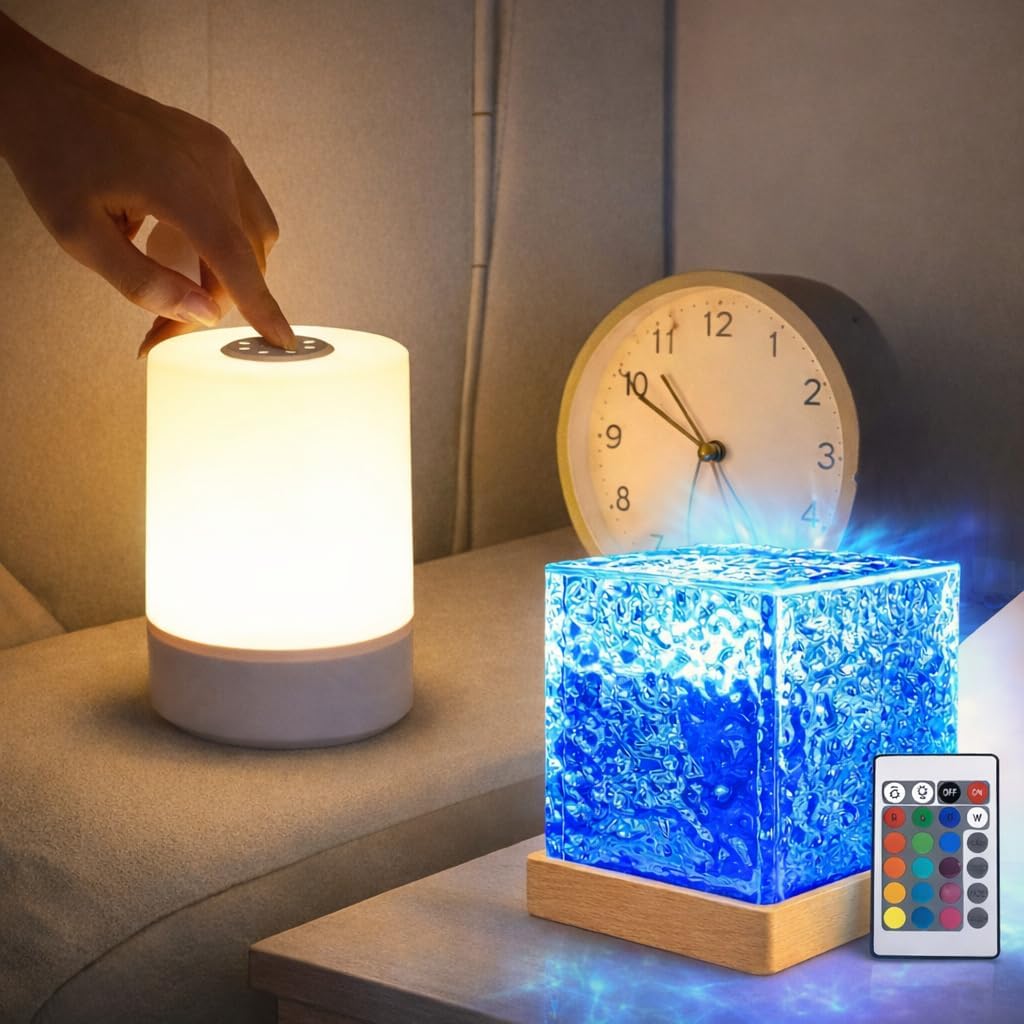 Ocean Wave RGB Cube Projection Lamp with Touch Control Bedside Night Lamp Combo | Ambient Mood Lighting for Bedroom, Living Room & Gifts