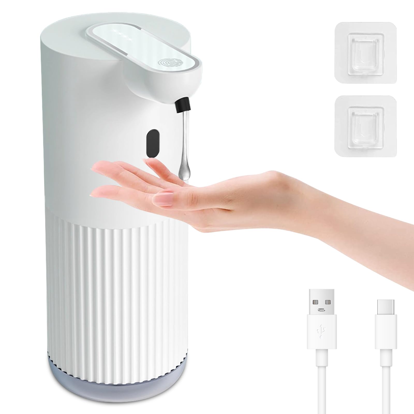 Cuteefun Liquid Soap Dispenser, 400ml Rechargeable Automatic Hand Soap Dispenser, 4 Levels Adjustable, IPX5 Waterproof, Wall Mounted, Touchless Infrared Sensing for Bathroom, Kitchen, Ribbed White