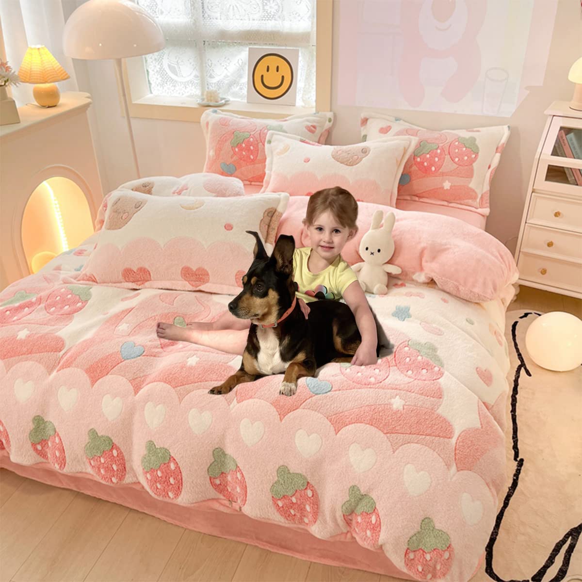 Juego de Funda nórdica Rosa con Fresas, Funda mullida con Dibujo Kawaii, Funda nórdica Suave para niños, Ropa de Cama tamaño Individual (Fresas)