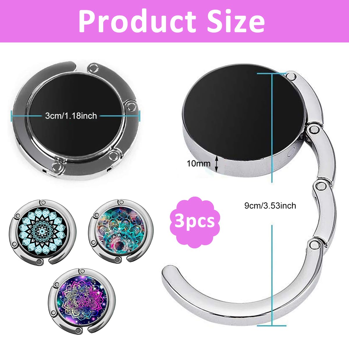 HASTHIP® 3Pcs Aesthetic Mandala Metal Desk Bag Hanger - Portable Folding Ring for Table, Office Desk - Aluminum Alloy Removable Hooks for Handbag, Backpack 1
