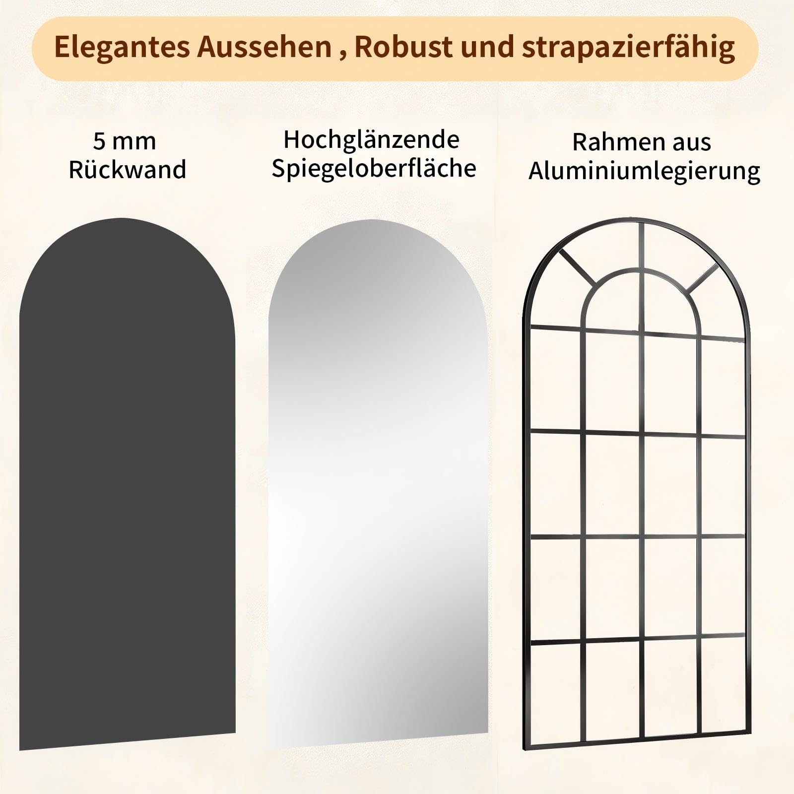 BEAUTYPEAK Standspiegel 165x60 cm, Dekorativer Gewölbter Ganzkörperspiegel hängend oder lehnend an die Wand, Groß Wandspiegel mit Ständer für Schlafzimmer, Wohnzimmer oder Ankleidezimmer, Schwarz