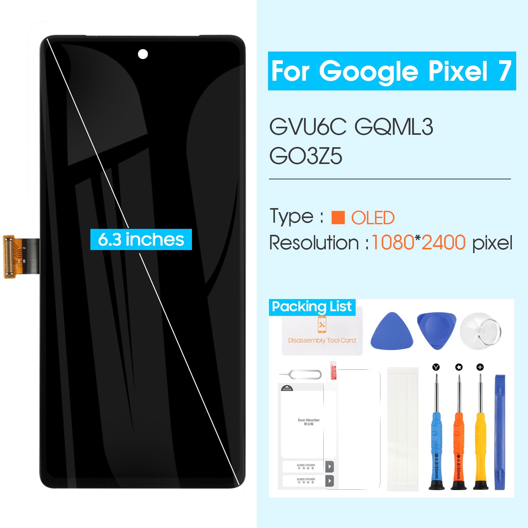 Original for Google Pixel 7 Screen Replacement Pixel 7 LCD Display Digitizer GVU6C GQML3 Touch Screen Assembly with Tools(Black)