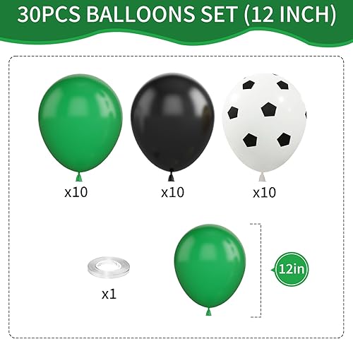Miniatura 2 de Globos de fútbol, globos de fútbol de 12 pulgadas, globos de látex verdes, negros y blancos, globos impresos de fútbol con cintas para niños,