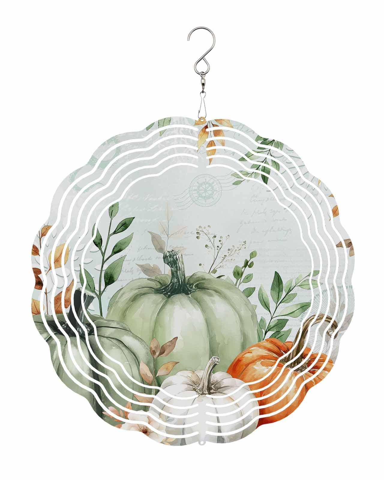 Autumn Wind Spinners, Sage Green Orange White Pumpkin Leaves Hanging Wind Spinners for Yard and Garden 3D Stainless Steel Metal Sculptures Crafts Ornaments 12 Inch