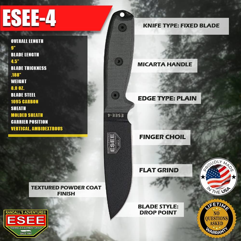 Esee Knives, ESEE-4, Sharpened Clip Point Plain Edge, Coyote Brown Sheath, Clip Plate