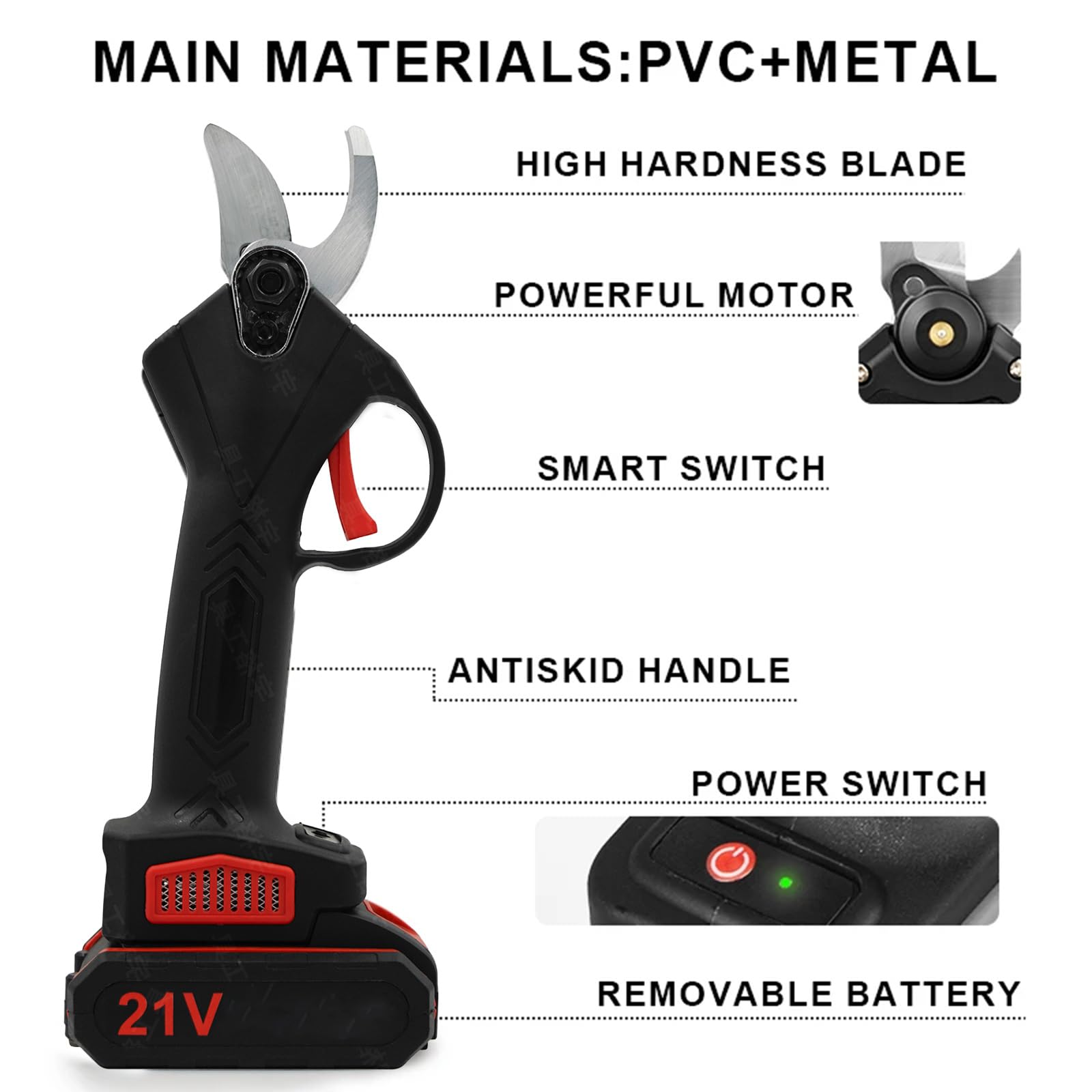 Podadora eléctrica inalámbrica, 25 mm de podadora eléctrica profesional, con 2 recargables 21 V baterías, 1200 W, corte de rama eléctrica, jardinería, árboles frutales y viñedo