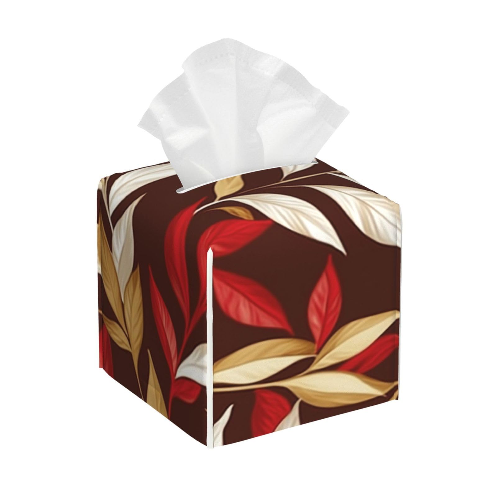 Tissue Box Cover, Red Gold Leaf Leather Tissue Box Cover Square Organizer, Room Decoration For Bathroom Kitchen Office Night Stands Tabletop