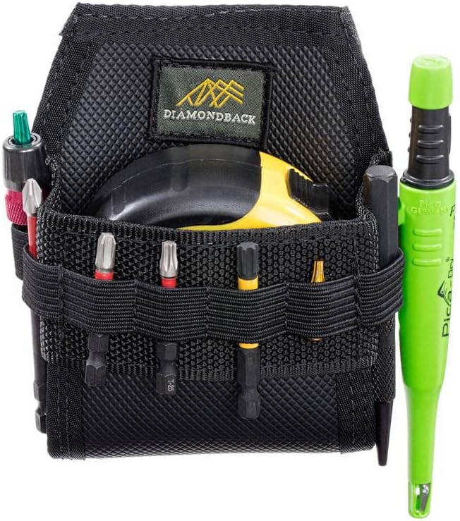 Diamondback Easy-Release Tape Holster - Large | Fits 35' Tape Measure | 8 Elastic Pockets for Tools | Durable Nylon with Quick-Access Bottom | Heavy-Duty 2" Spring Steel Clip | Black